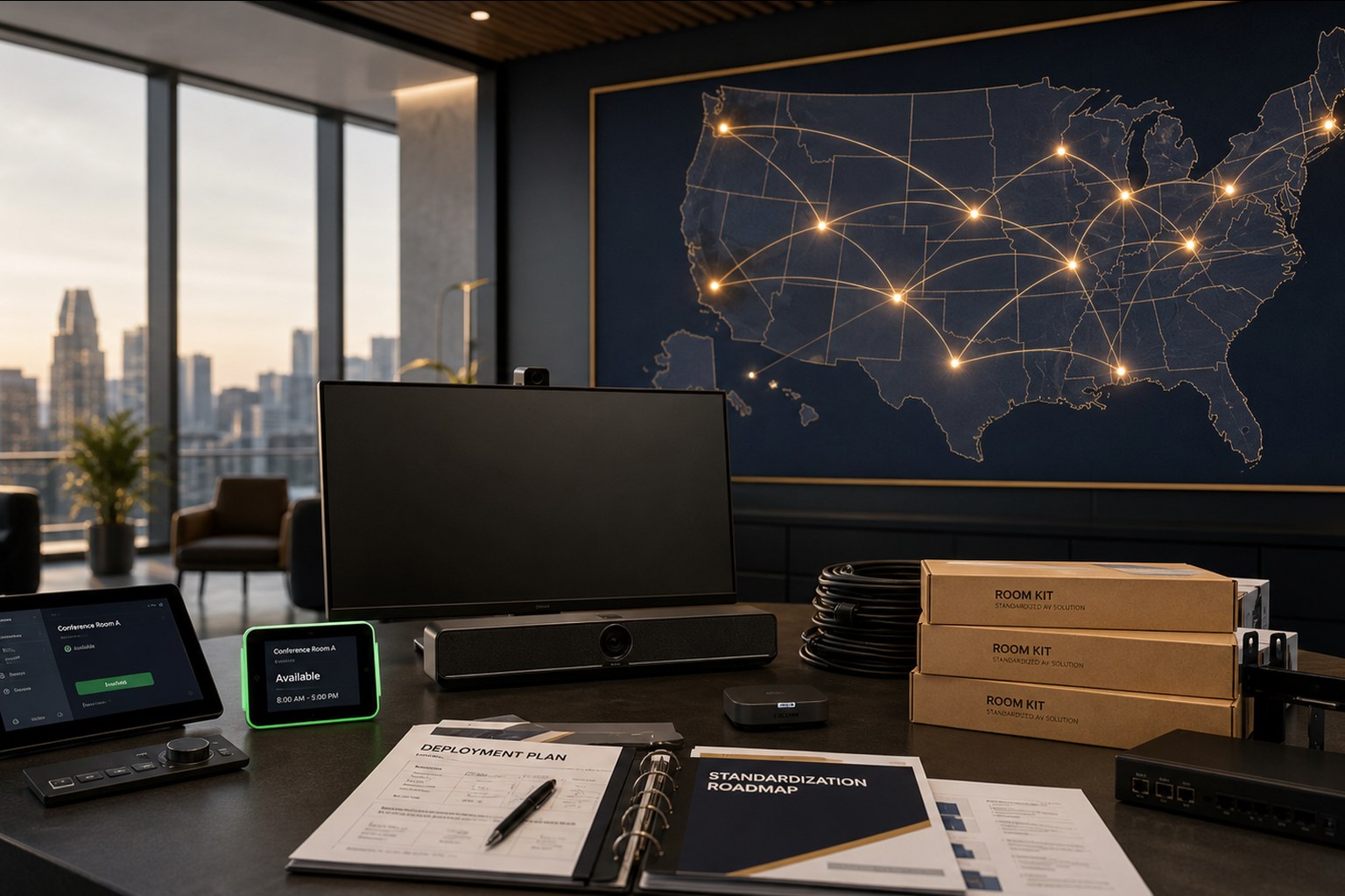 Isometric map of North America with glowing pin markers connecting 25+ identical conference rooms.