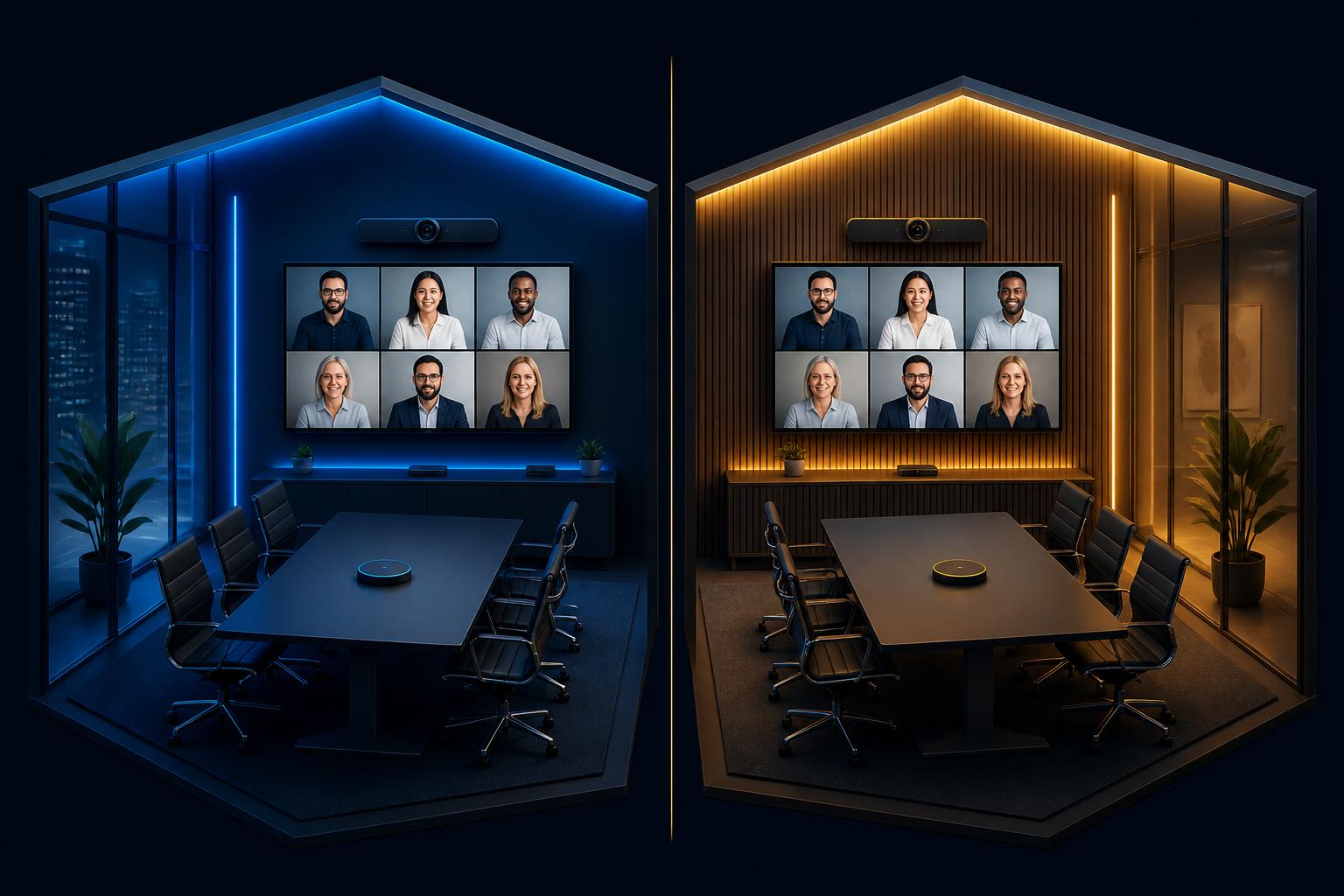 Side-by-side isometric illustration of a Microsoft Teams Room lit in blue and a Zoom Room lit in amber.