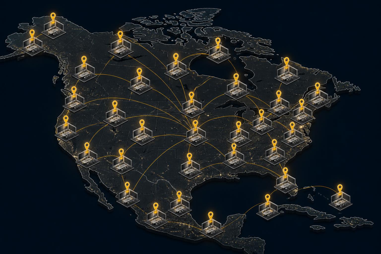 Isometric map of North America with glowing pin markers connecting 25+ identical conference rooms.