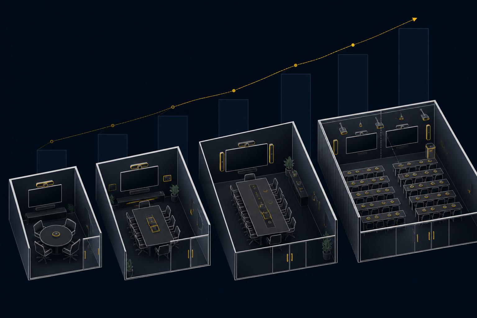 Four isometric conference rooms of increasing size — huddle, standard, boardroom, training — against a rising chart line.