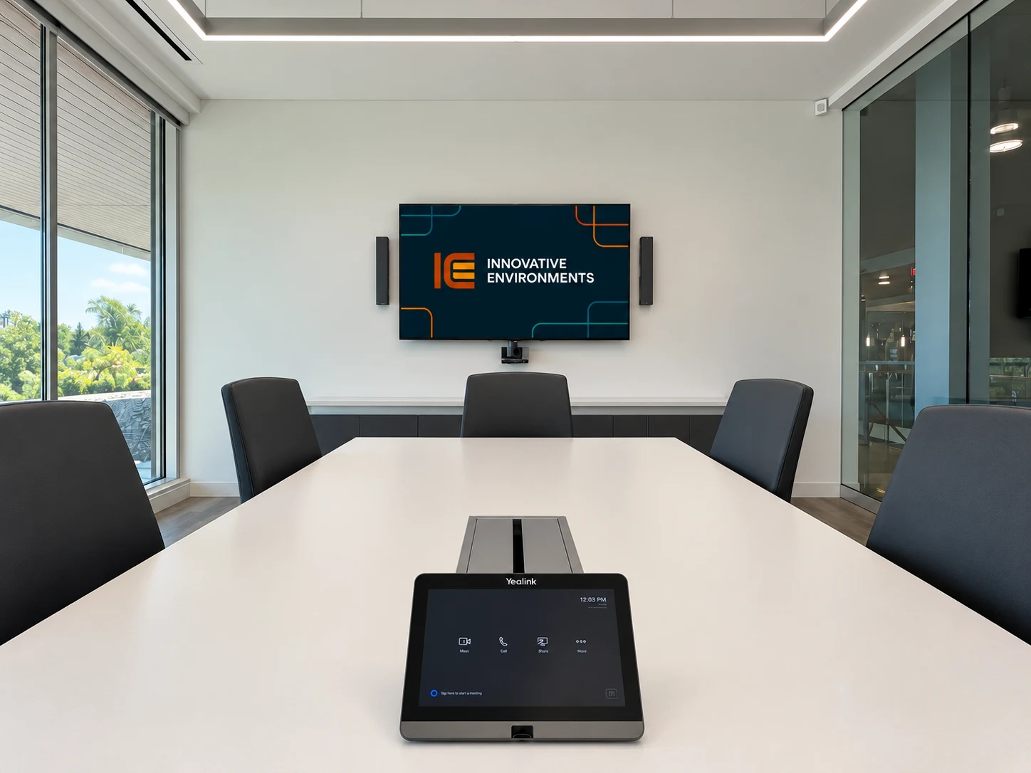 Corporate Microsoft Teams meeting room with wall display, camera, speakers and touch console
