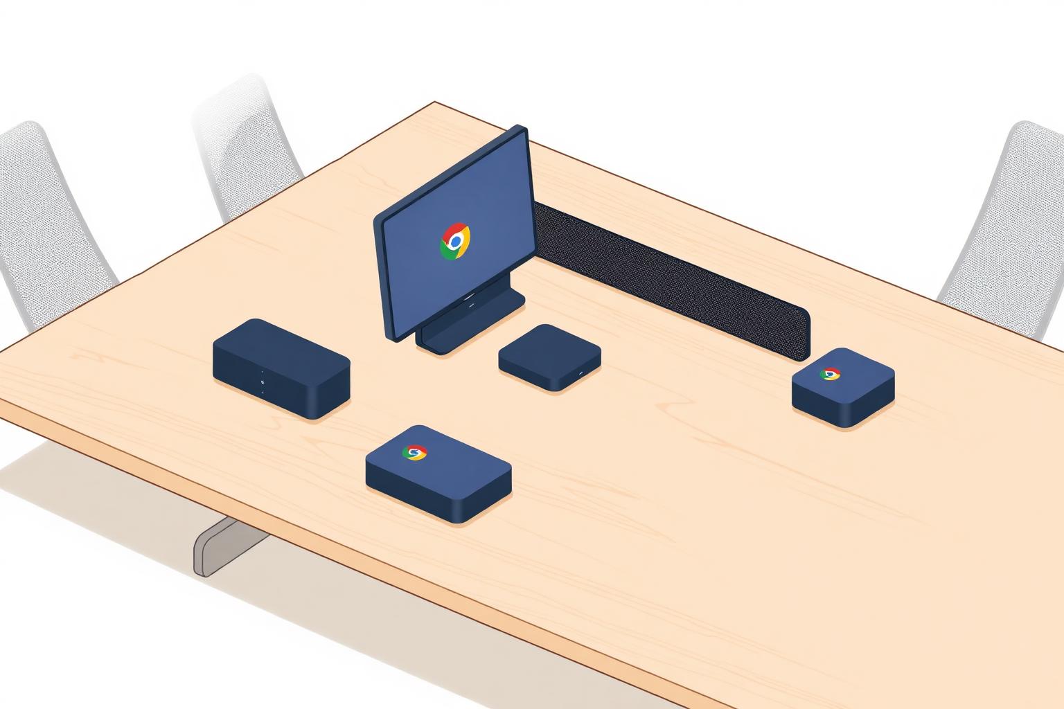 Isometric illustration of Google Meet certified video bars and ChromeOS compute pucks on a conference table.