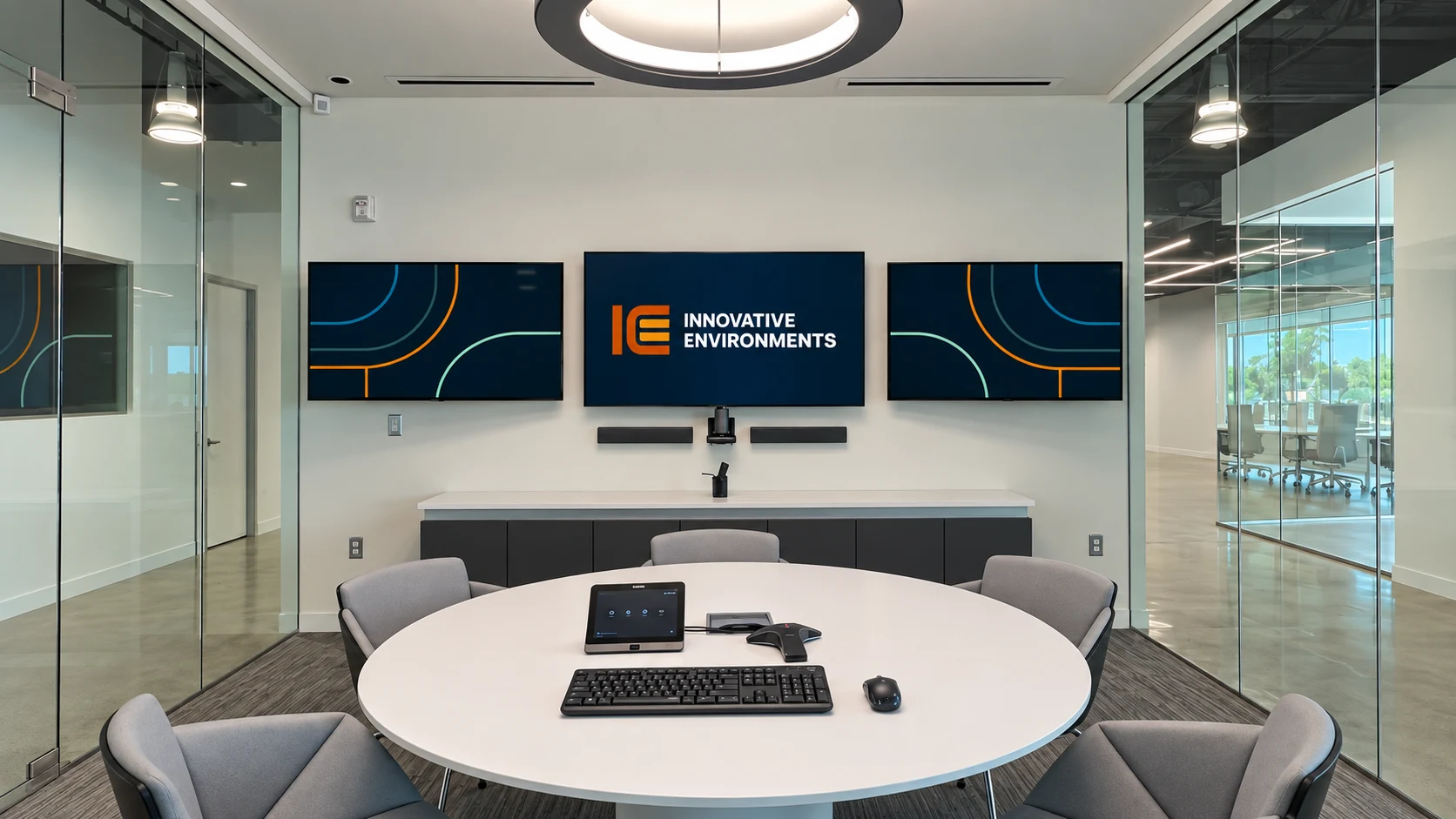 Three-display collaboration room with integrated camera, soundbars and tabletop controls